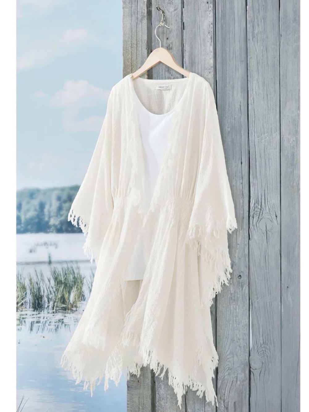 Coldwater Creek Fair Winds White Topper with Fringed Edges, Light Cotton Blend